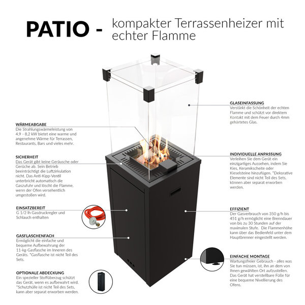 Kratki Gasheizstrahler Patio Slim schwarz aus Stahl für Außen, B41,5 x H142,9 x T41,2 cm,